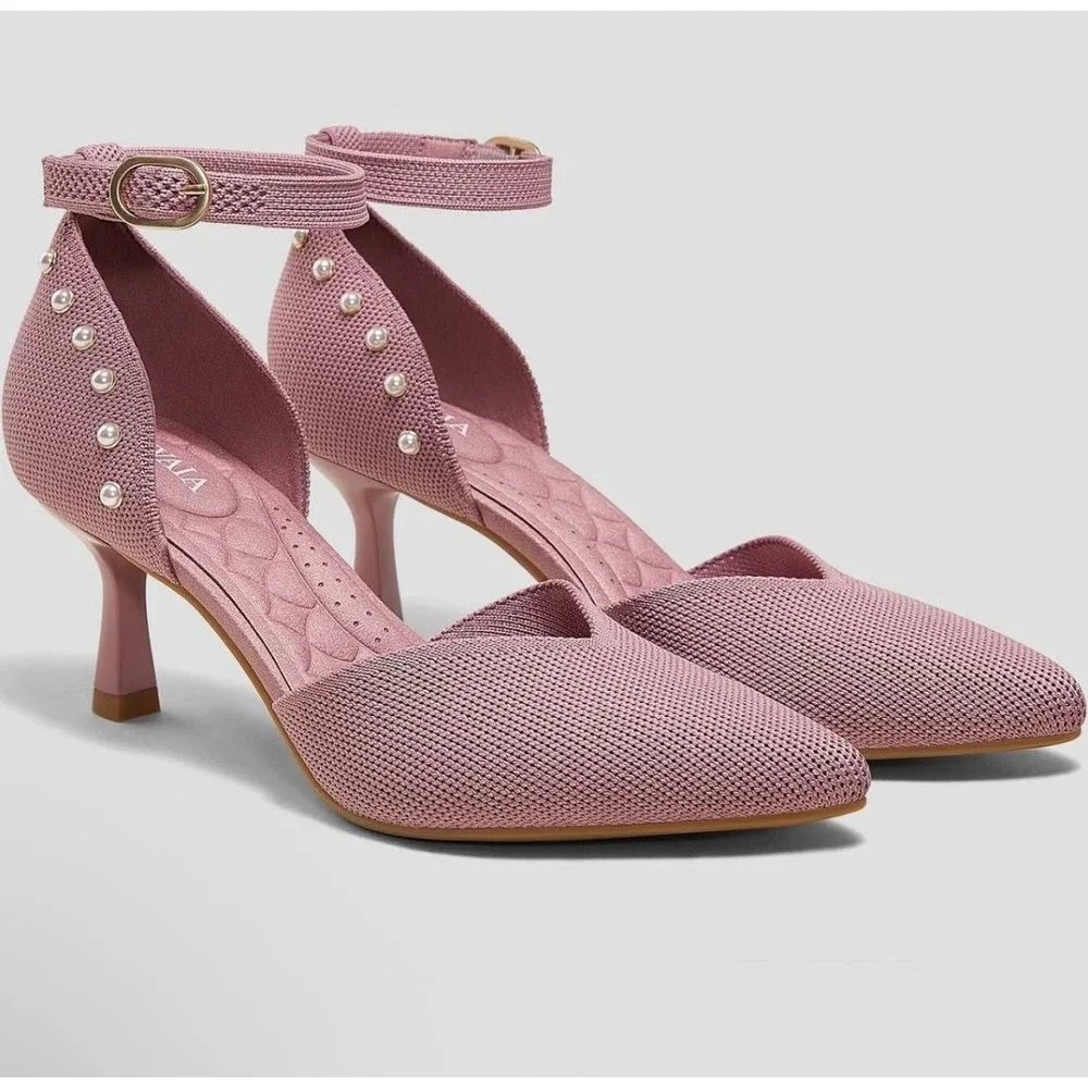 VIVAIA Pink Mesh Pearl Ankle Strap Heels Pointed Toe Stiletto Pumps EU/40 US/9